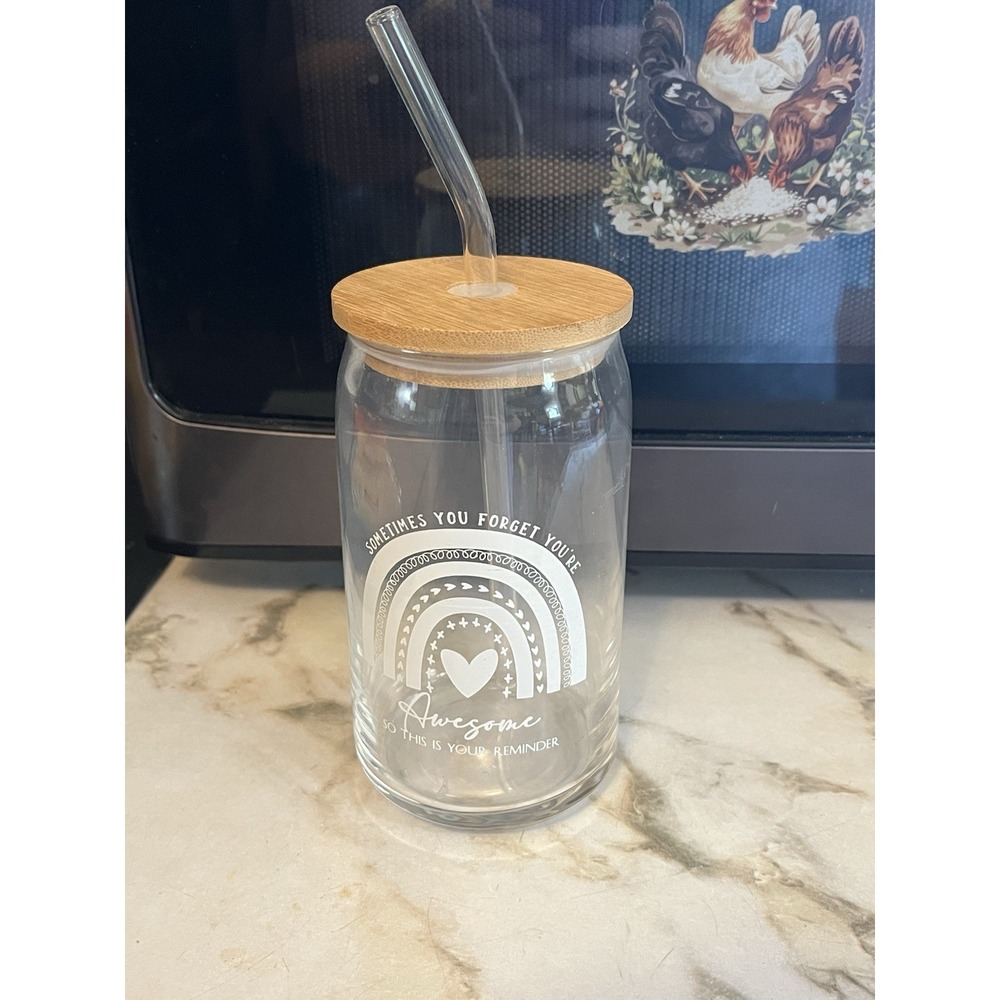 Glass Tumbler with Lid & Straw Coffee Water Cup 16oz You're Awesome Gift